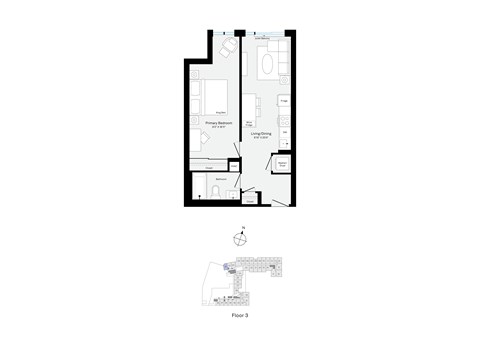 Floor plan for 1 bed, 1 bath, 610 sqft